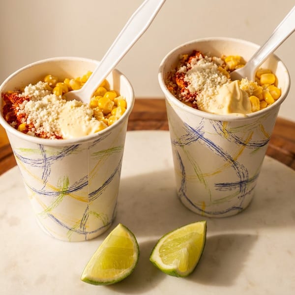 Two cups of esquites, Mexican street corn, with cheese, chili powder, and mayonnaise, with lime wedges.