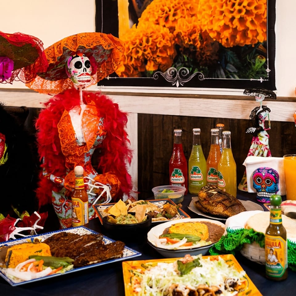A table laden with Mexican food, drinks, and Day of the Dead skeleton decorations.