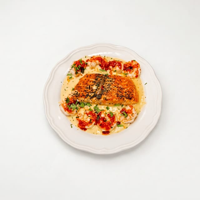 Salmon Fundido Salsa de Queso (Salmon on Cheese Sauce).
